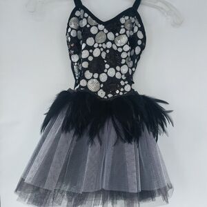 Dance dress for girls 8-10, Black and Silver, sequins, feathers and tule